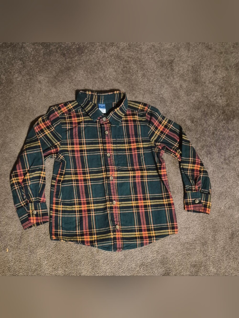 Old Navy Green Plaid Button-Down Shirt with Red & Yellow Stripes